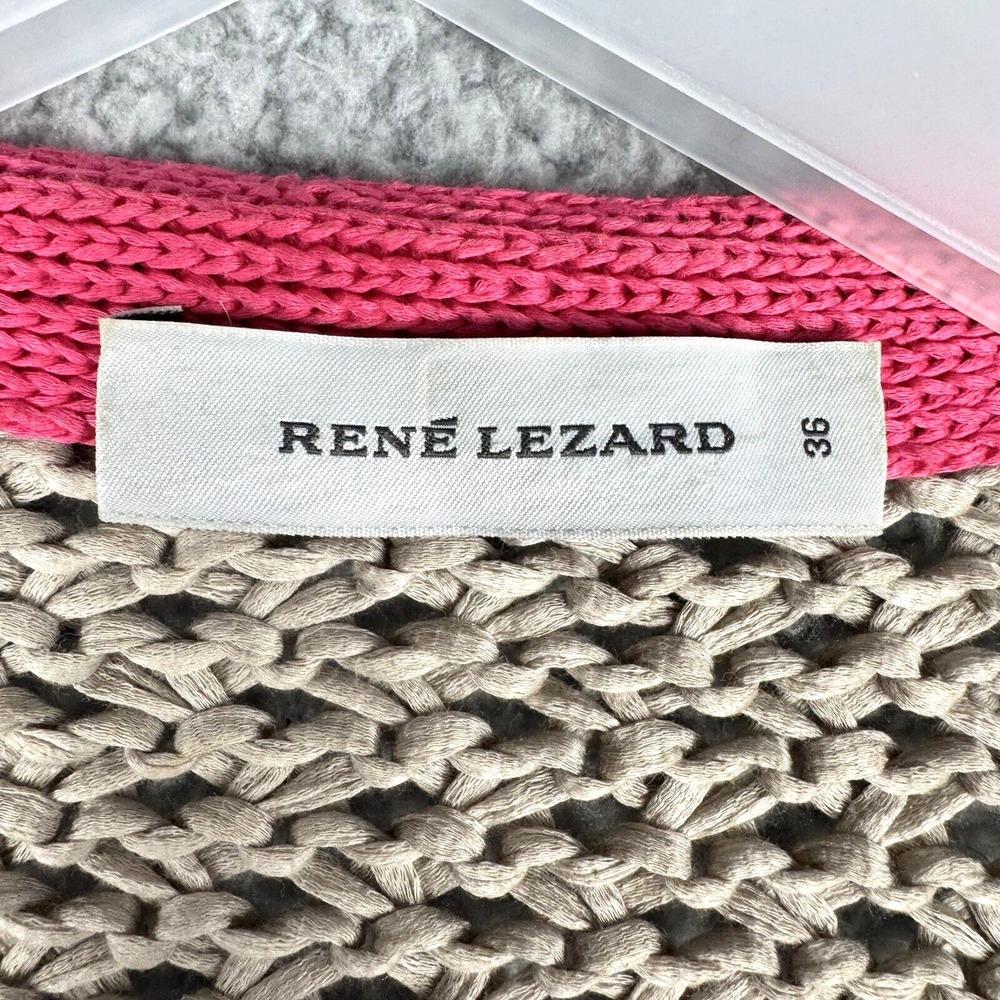 Rene Lezard Womens Knit Cardigan Beige Tan Pink Trim Size 36 Open Front Hook - Picture 4 of 7